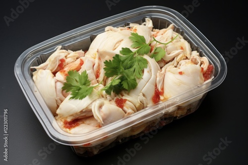 Steamed Lump Crab Meat in Plastic Container for Delivery. Ready-to-Eat Thai Style Seafood for Healthy Protein Meal. Top View Isolated