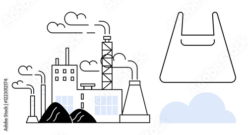 Industrial factories emitting smoke alongside a single-use plastic bag outline and a cloud. Ideal for pollution, environmental impact, sustainability, plastic waste, climate change