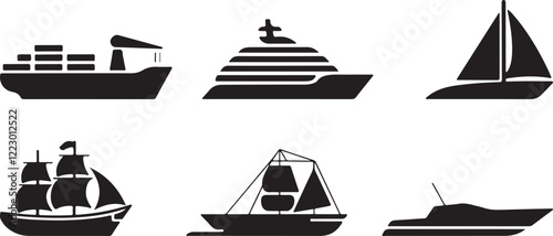 Black Silhouettes of Maritime Ships. Vector Icons of Sailboats, Yachts, Cruise Liners, Cargo Vessels, and Ocean Transport in Flat Design