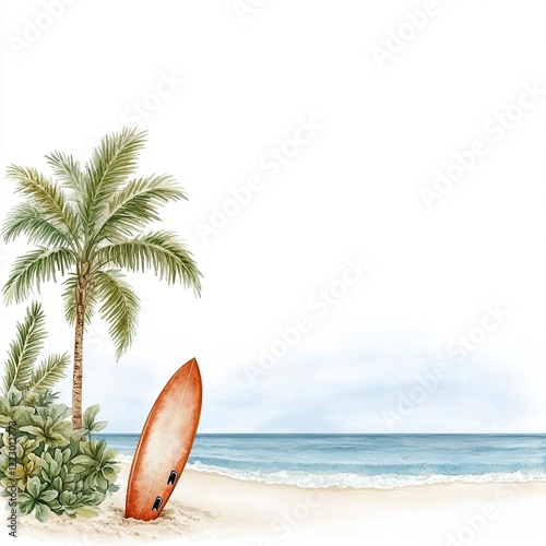 serene beach scene featuring surfboard, palm tree, and ocean waves, watercolor clip art