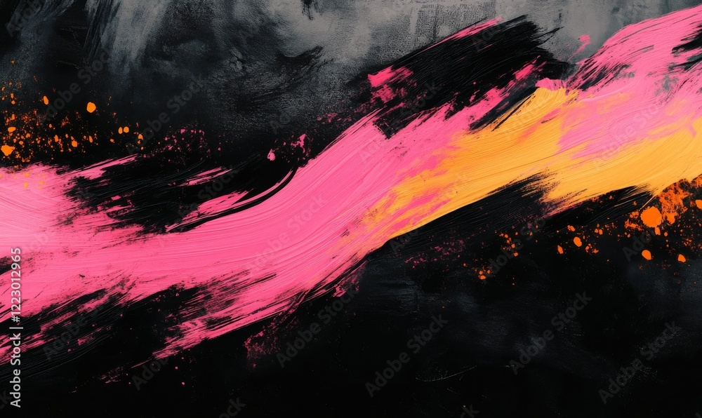 A modern abstract background showcasing striking pink and yellow streaks with textured black accents.