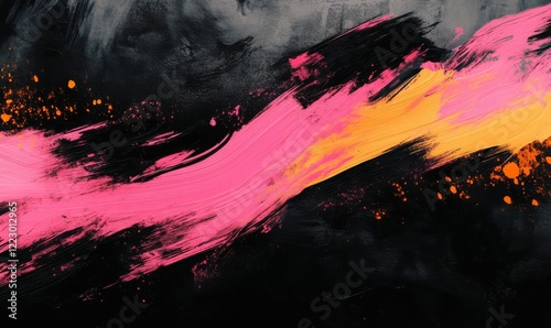 Obraz na płótnie A modern abstract background showcasing striking pink and yellow streaks with textured black accents. w salonie