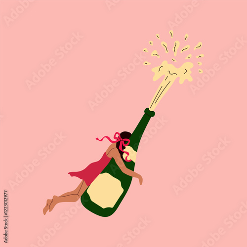 A woman is flying with a bottle of champagne. Party time