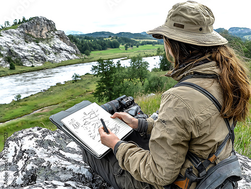 Female artist sketching scenic river landscape from rocky vantage point.  Peaceful nature scene.  Ideal for travel, adventure, and artistic concepts. Highquality image perfect for print or web.