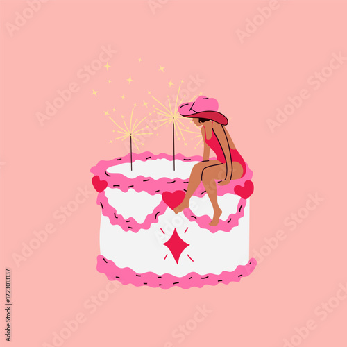 A woman sitting on top of a pink cake. Party time