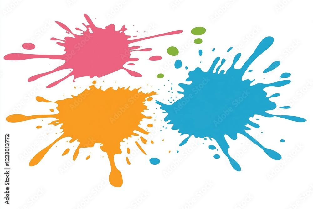 Vibrant splashes of pink, orange, and blue paint on a white background, perfect for creative designs and artistic projects. Vibrant splashes of pink, orange, and blue paint on a white background, perfect for creative designs and artistic projects.