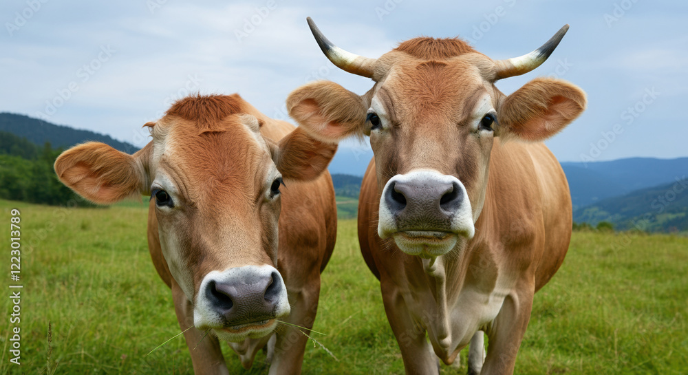 Two curious brown cows standing in a lush green field Two curious brown cows standing in a lush green field