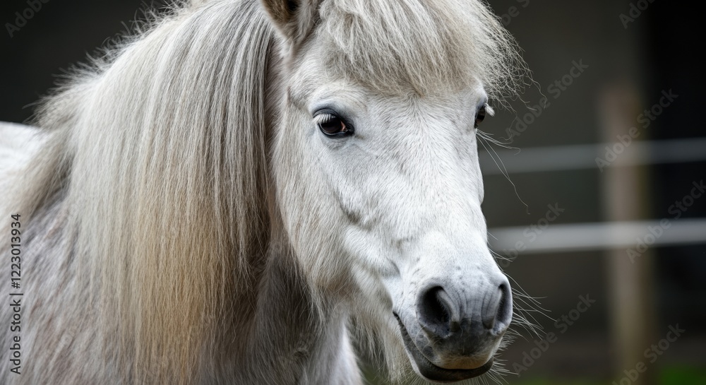 Fototapeta premium Majestic white pony with a flowing mane, showcasing beauty and grace