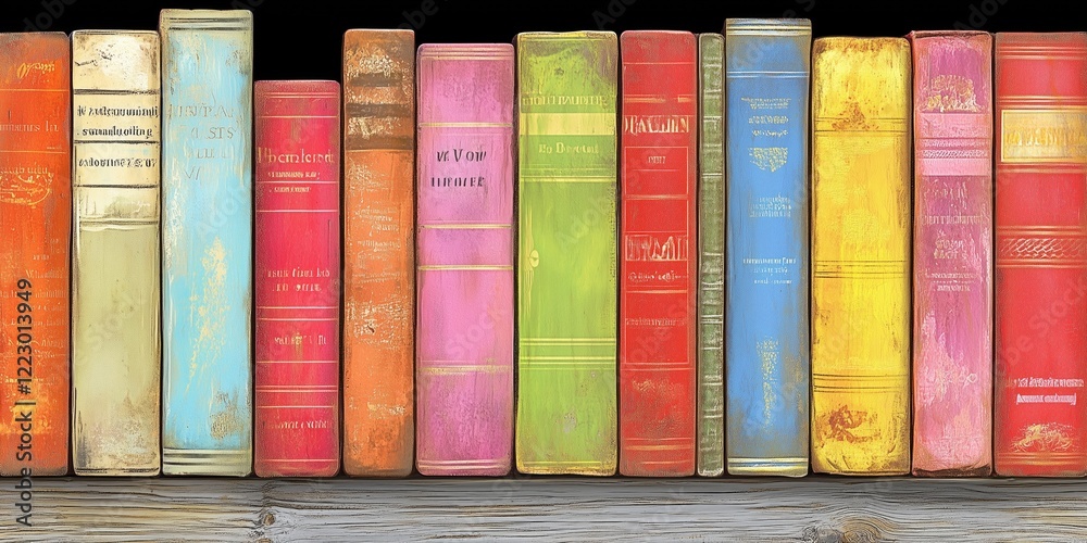 Fototapeta premium A vibrant collection of vintage books with colorful spines arranged on a wooden shelf, showcasing a variety of titles and textures.
