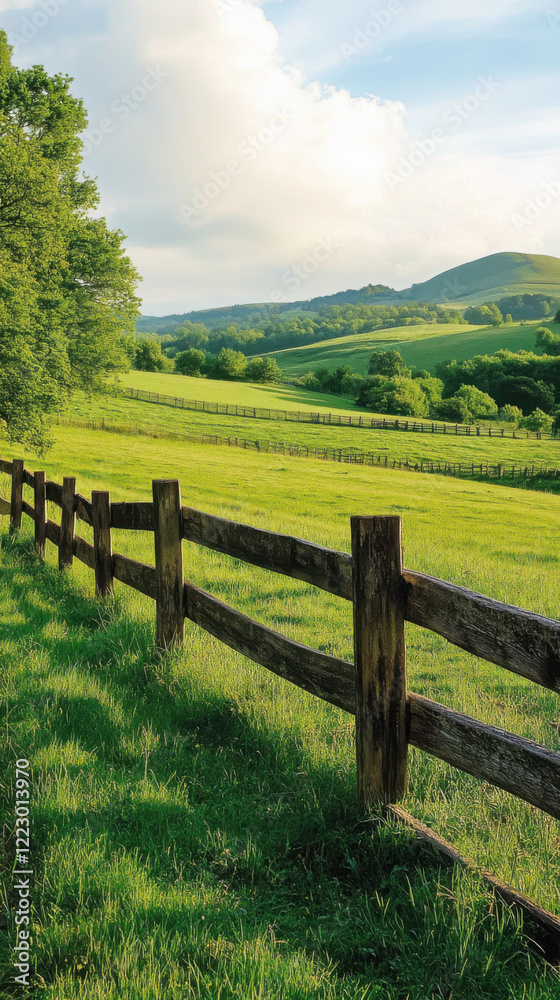 wooden fence lining edge of lush green pasture, surrounded by rolling hills and trees under bright sky. scene evokes tranquility and natural beauty wooden fence lining edge of lush green pasture, surrounded by rolling hills and trees under bright sky. scene evokes tranquility and natural beauty