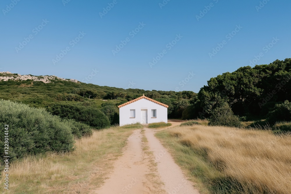 Obraz premium A small white house sits in a field with a dirt road leading to it. The house is surrounded by trees and the sky is clear and blue. The scene is peaceful and serene