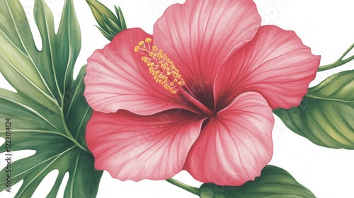 Hibiscus flower with green leaves