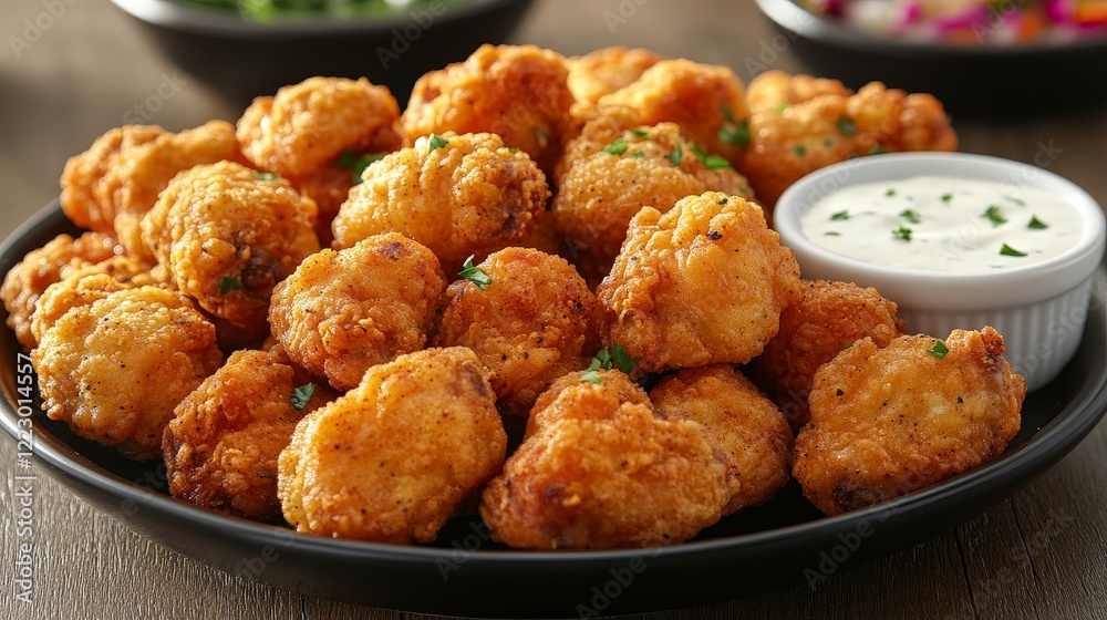A plate of golden, crispy fried chicken bites served with a creamy dipping sauce. A plate of golden, crispy fried chicken bites served with a creamy dipping sauce.