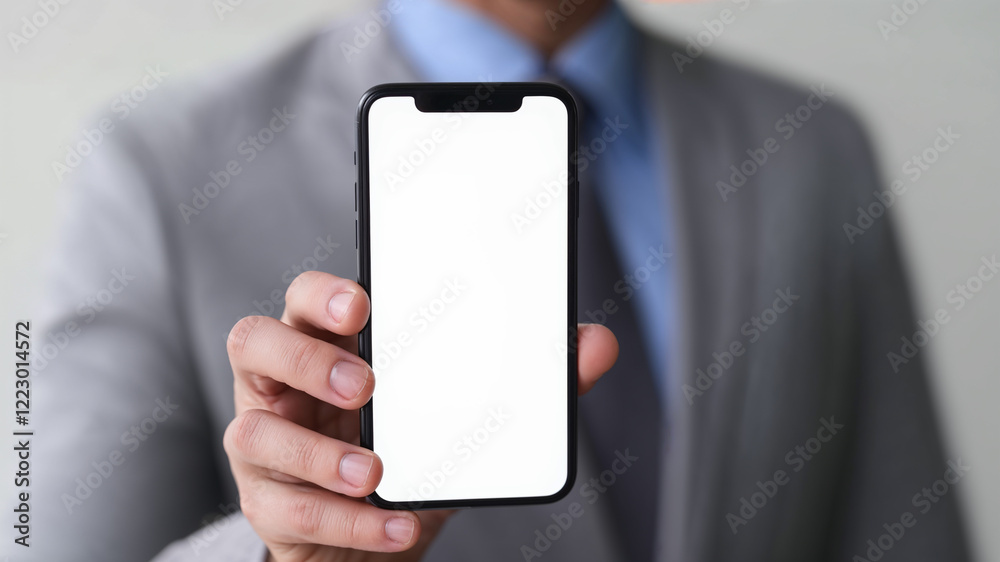 A series of images featuring a professional in a suit holding a smartphone with a blank white screen, ideal for showcasing app designs, advertisements, or technology concepts in a corporate context. A series of images featuring a professional in a suit holding a smartphone with a blank white screen, ideal for showcasing app designs, advertisements, or technology concepts in a corporate context.