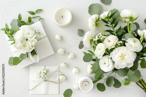 White flowers, candles, and gift box on white background