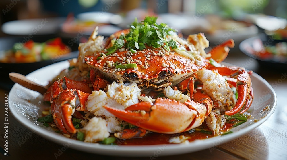 Freshly Cooked Crab Dish with Garnish on Rustic Wooden Table Freshly Cooked Crab Dish with Garnish on Rustic Wooden Table