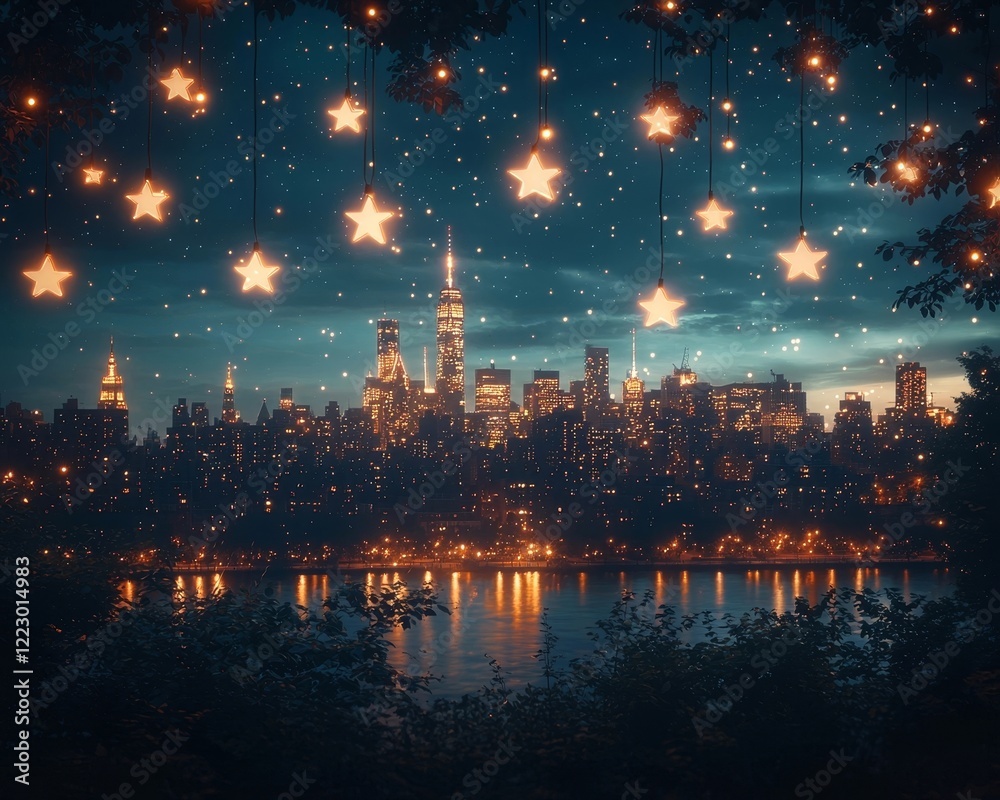 Fototapeta premium Chalkboard Cityscape at Night with Glowing Skyscrapers and Twinkling Stars in the Sky