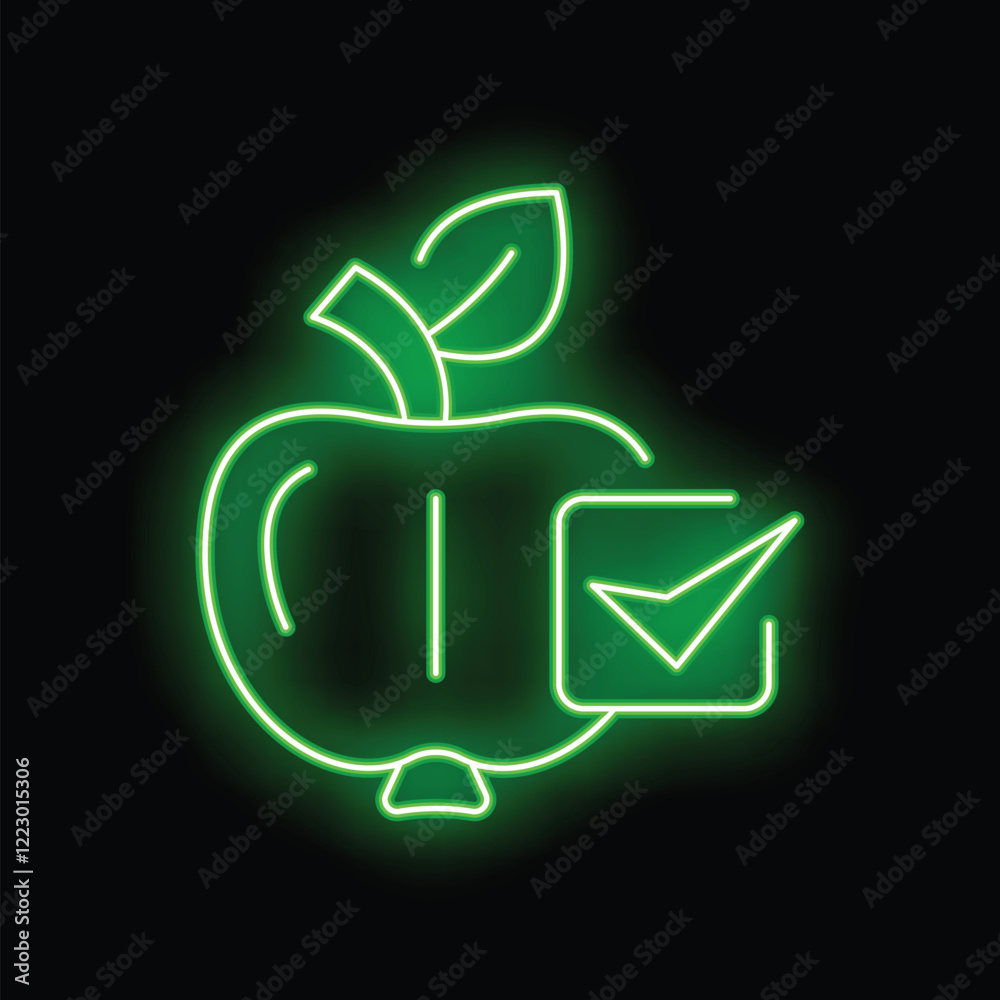 Green neon icon of an apple with a check mark glowing on a black background Green neon icon of an apple with a check mark glowing on a black background