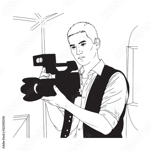 Man with Camera Outline Drawing - Simple Line Art of Man with Camera - Man Holding Camera Vector - Man Holding Camera Doodle - Camera Illustration - Man Holding Camera Line Art
