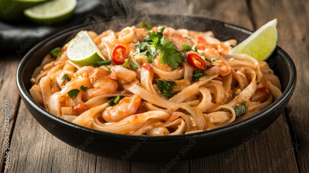 A close-up shot of a steaming bowl of traditional Thai noodles, topped with fresh herbs, lime wedges, and sliced chilies, served on a rustic wooden table
