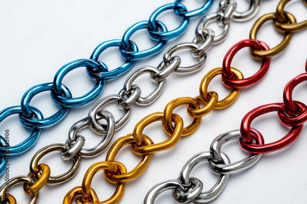 Fototapeta premium Multi-Colored Metal Chains: A Vibrant Display of Industrial Design