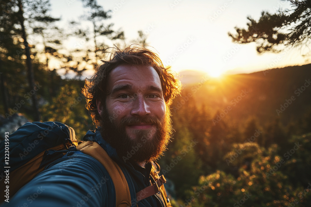 Man with rugged beard takes golden hour selfie while hiking in a forest during sunset