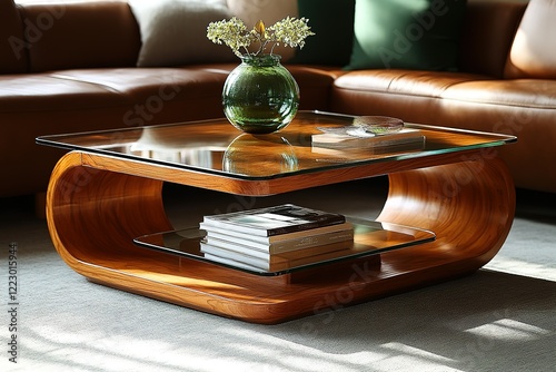 Modern wooden coffee table with a glass top and lower shelf perfect for a living room photo