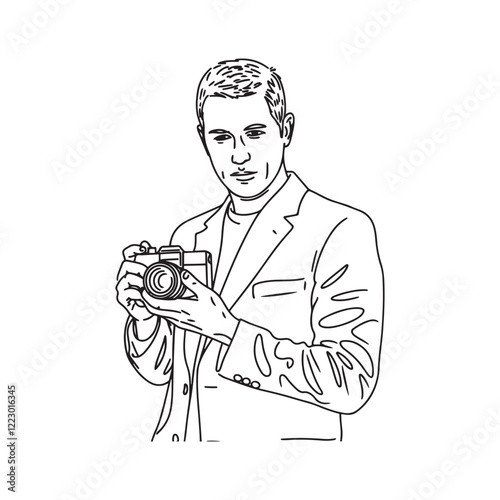 Man Holding Camera Character - Elegant Line Art of Man with Camera - Man Holding Camera Vector - Man Holding Camera Doodle - Camera Illustration - Man Holding Camera Line Art

