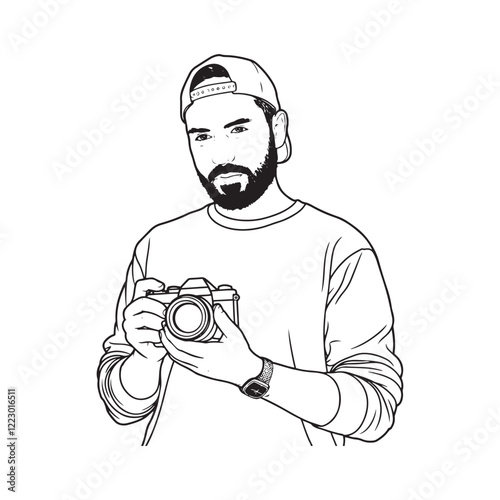 Man with Camera Outline - Digital Line Art for Men Holding Cameras - Man Holding Camera Vector - Man Holding Camera Doodle - Camera Illustration - Man Holding Camera Line Art
