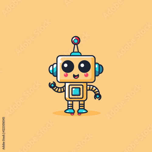 A cute and friendly yellow-orange cartoon robot mascot waving hello. This is a charming illustration of technology and artificial intelligence in a simple style