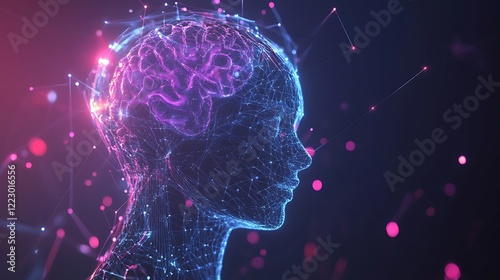 Abstract Human Brain Profile Glowing with Purple and Blue Particles on Dark Background