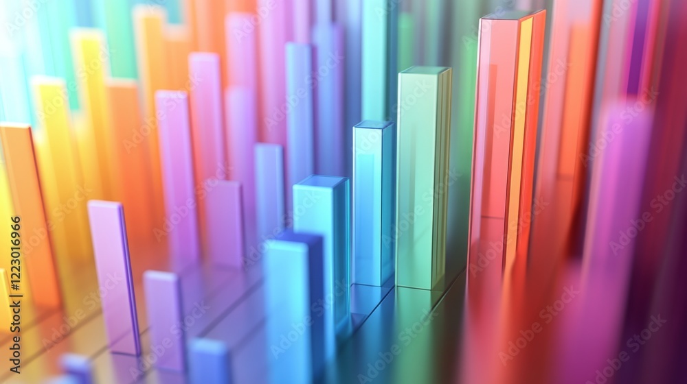 A colorful D bar chart with tall, polished bars on a white background, with each bar casting soft shadows for a vibrant, modern effect