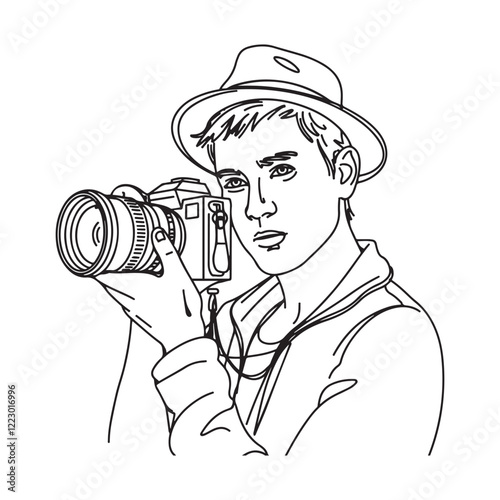 Man Holding Camera Silhouette - Digital Line Art of Man with Camera - Man Holding Camera Vector - Man Holding Camera Doodle - Camera Illustration - Man Holding Camera Line Art
