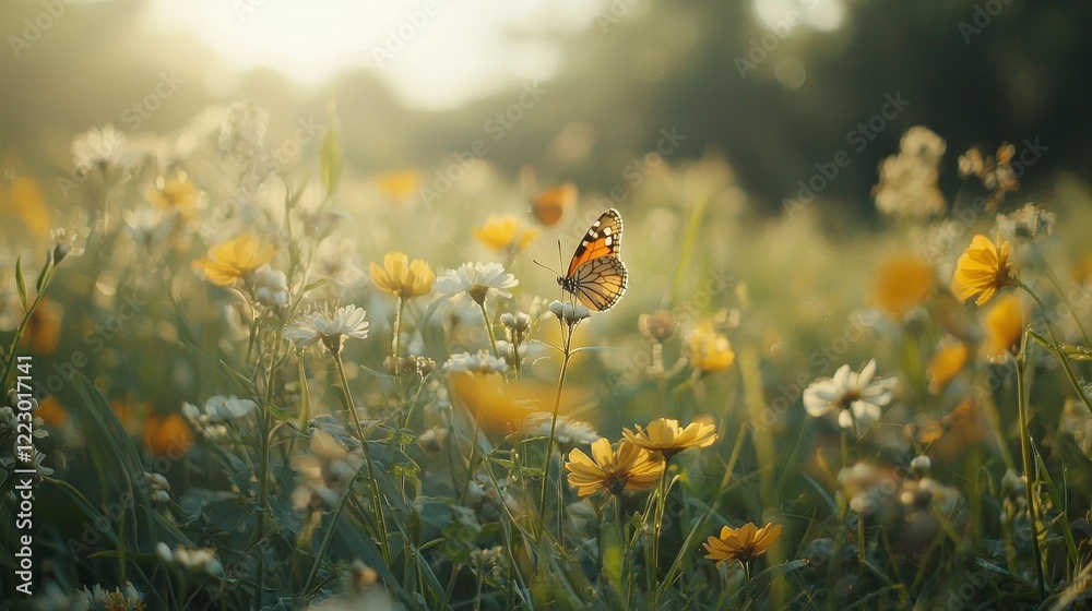 Fototapeta premium Colorful Butterfly on Yellow Flower in a Serene Meadow Setting