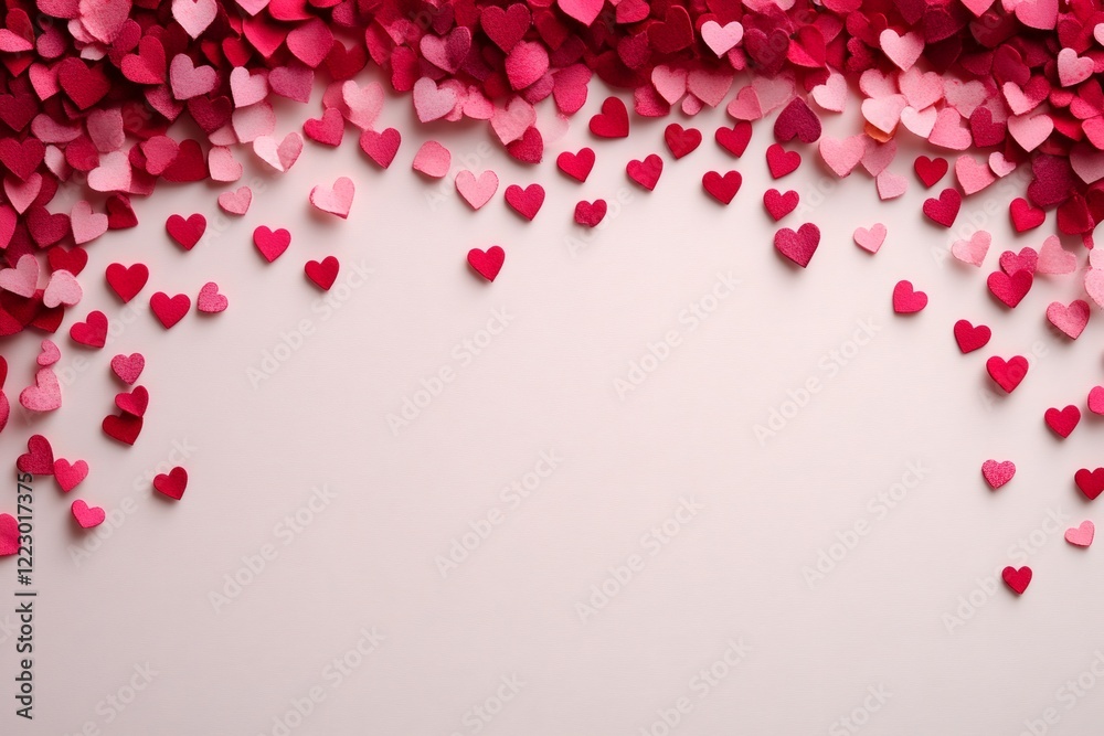 Delicate red and pink paper hearts scattered across light background, forming romantic border symbolizing love and Valentine's Day sentiments Delicate red and pink paper hearts scattered across light background, forming romantic border symbolizing love and Valentine's Day sentiments