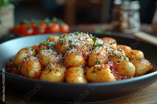 Potato gnocchi in tomato sauce topped with parmesan cheese and parsley photo