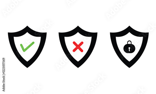 Shield illustration icon set contains check mark, cross and padlock 