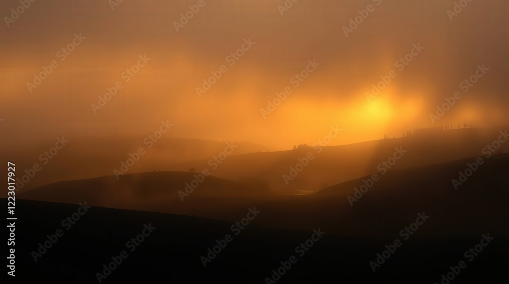 Serene Landscape with Golden Sunrise Through Misty Horizon Serene Landscape with Golden Sunrise Through Misty Horizon