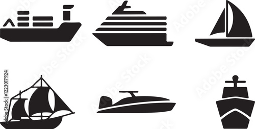 Black Silhouettes of Maritime Ships. Vector Icons of Sailboats, Yachts, Cruise Liners, Cargo Vessels, and Ocean Transport in Flat Design