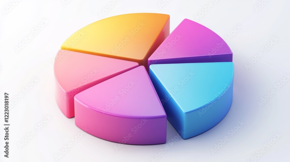 Obraz premium A colorful pie chart with distinct segments in gradient colors, arranged on a white background with soft shadows for a clean financial analysis look