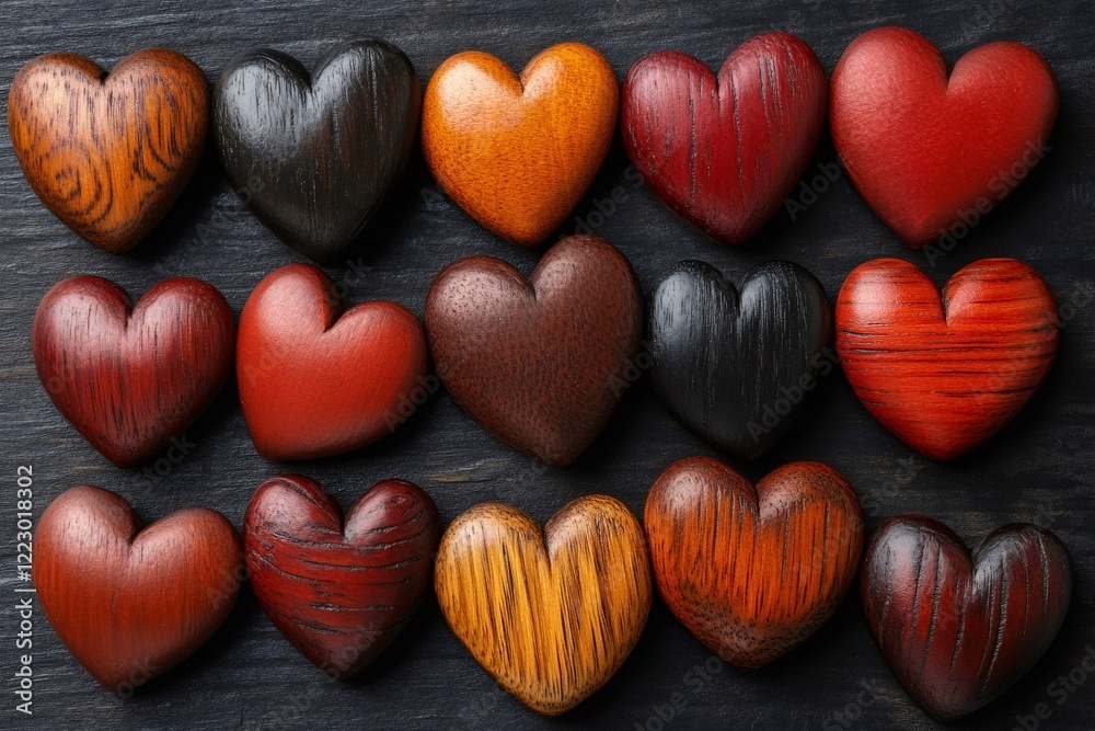 Obraz premium Wooden hearts displaying intricate carving, varying in color and texture, representing romantic connection and tender emotions