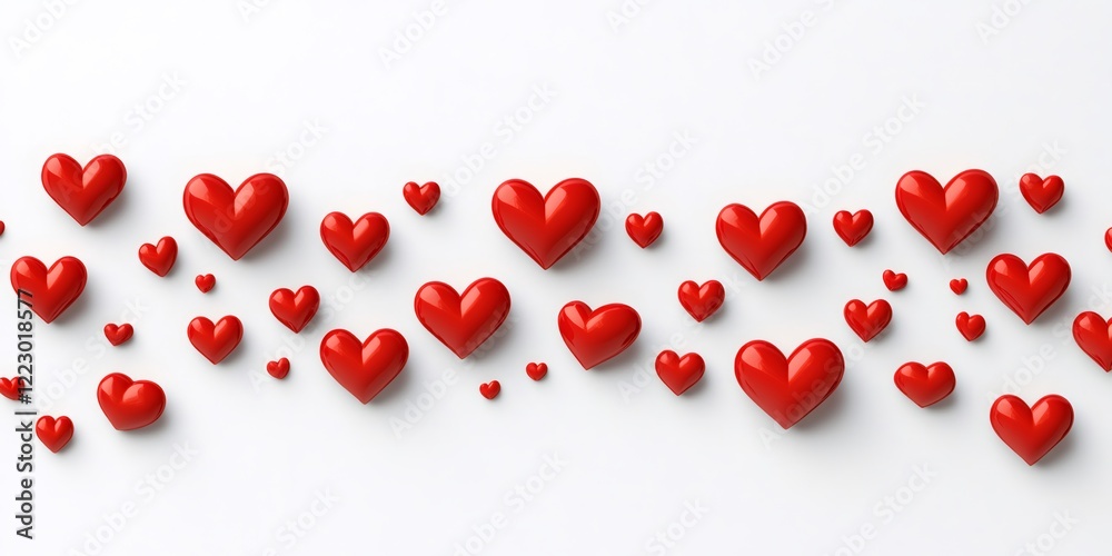 Vivid red hearts floating randomly on pristine white surface, expressing romantic sentiment and celebrating love's visual language Vivid red hearts floating randomly on pristine white surface, expressing romantic sentiment and celebrating love's visual language