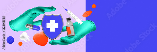 Doctors hands in gloves hold shield with medical cross, surrounded by capsules, syringe, and heart, symbolizing health protection and care. Conceptual art collage. Concept of medical insurance photo