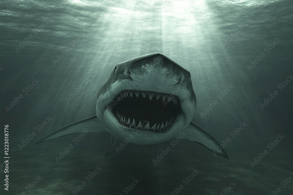 Fototapeta premium Shark swimming underwater with open mouth showcasing sharp teeth