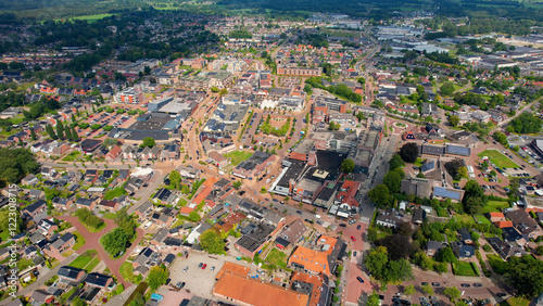 An aerial panorama view around the old town of the city Roden on a sunny summer day in the Netherlands photo