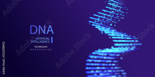 DNA vector. Particle genome waves, future connect innovation design. Science biology dna molecule background. Technology ai genetic code particles dots banner.