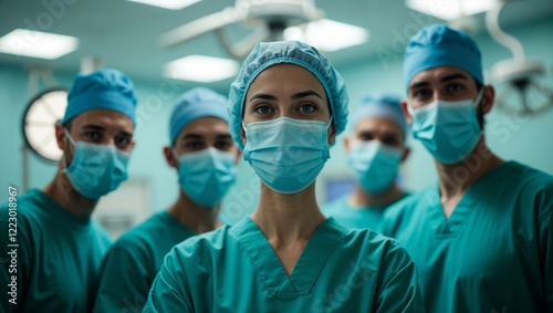 A team of healthcare professionals in scrubs and surgical caps, smiling warmly in a bright, sterile operating room, reflecting teamwork, expertise, and dedication.
