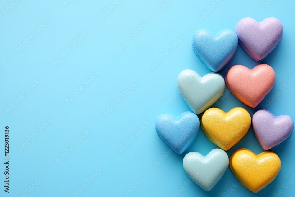 Vibrant heart shaped decorations forming love symbol against pastel blue backdrop, representing Valentine's romantic sentiment Vibrant heart shaped decorations forming love symbol against pastel blue backdrop, representing Valentine's romantic sentiment