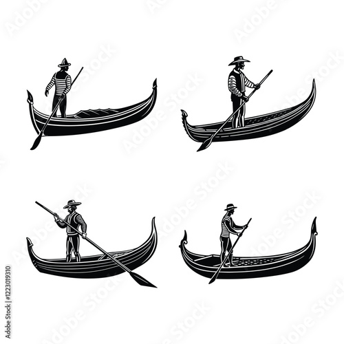 Set of a classic Venetian gondola with a gondolier silhouette illustration