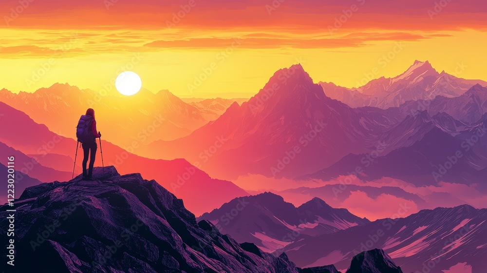 Adventurous Hiker atop Mountain Peak during Vibrant Sunset Glow Adventurous Hiker atop Mountain Peak during Vibrant Sunset Glow